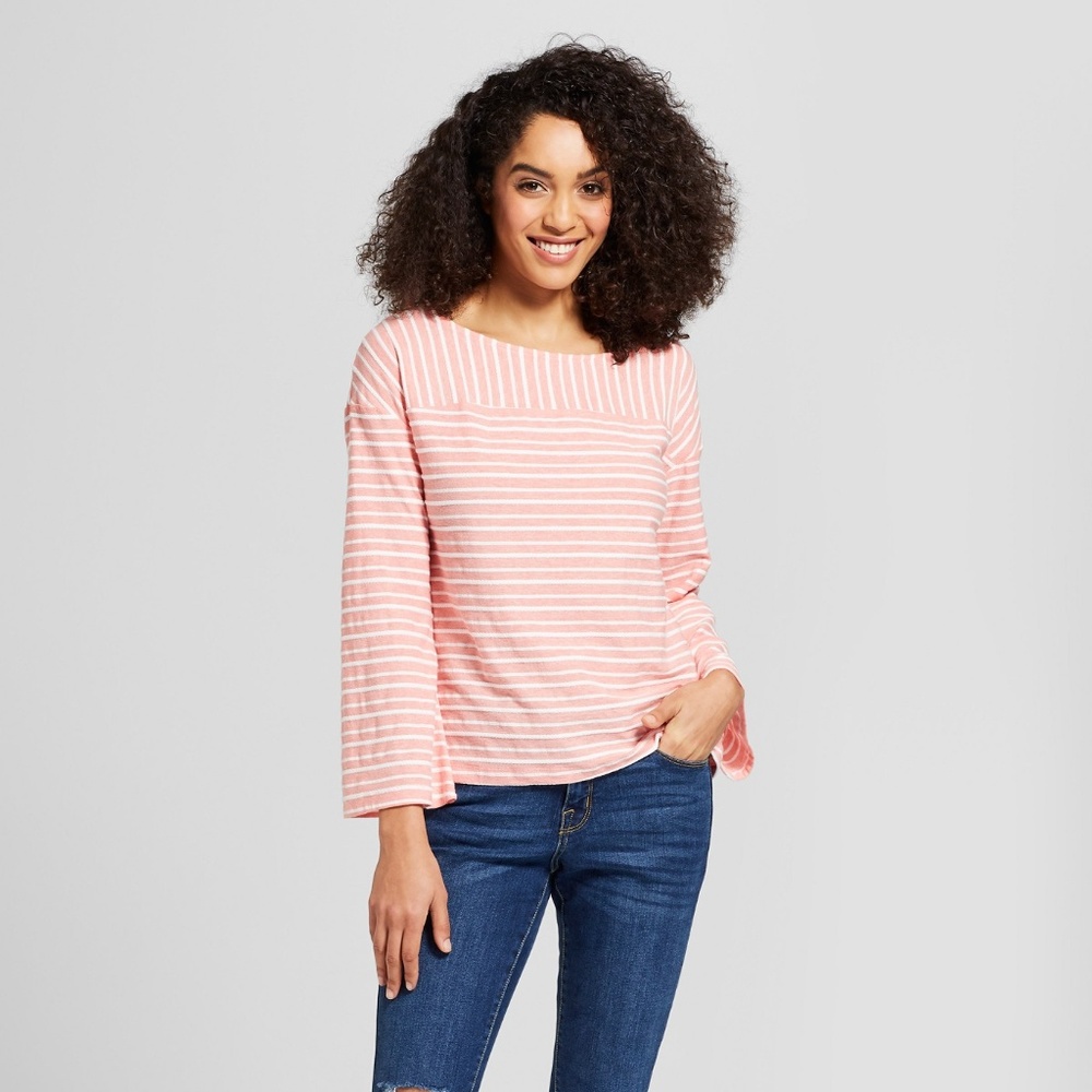 NWT - Women's Long Sleeve Striped Button-Back Top